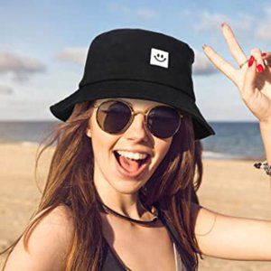 Black Y2K Bucket Hat with Smiley Face! Runs small.